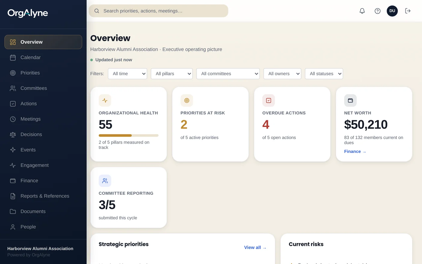 OrgAlyne overview screen showing an organizational health score of 55, two priorities at risk, four overdue actions, net worth of $50,210, three of five committees reporting, a list of strategic priorities with status labels, and a current risks panel.